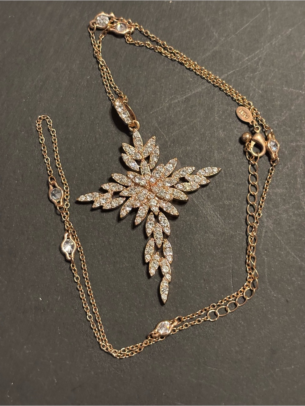 PJM NWT 26” Rose Gold Tone Rhinestone Floral Statement Necklace